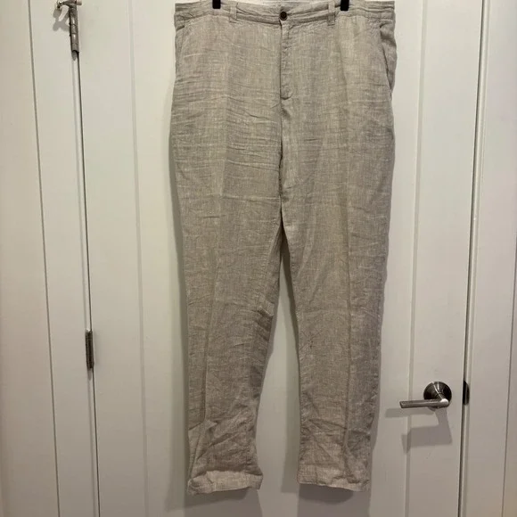 Denim Co. Mens 38x32 100% Linen Slim Fit Pants Beige Flat Front Trousers
