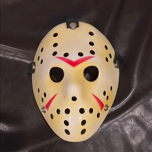 Jason Halloween Horror Movie Hockey Mask with Red Accents Straps in Back