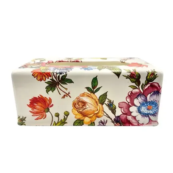 Mackenzie Childs White Floral Print Flower Market Standard Tissue Box Holder