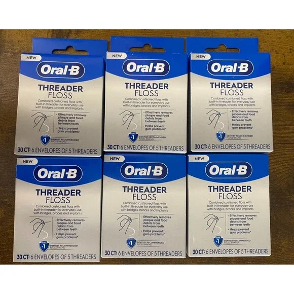 Oral-B Dental Threader Floss For Bridges / Braces 30ct (6 Packs, 180 Pcs Total )