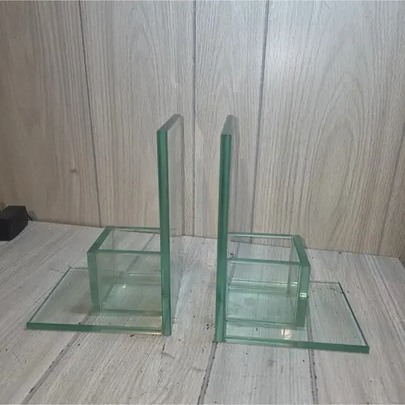 Vtg Minimalist Clear Glass Bookends With Candle Holder/Planter MCM Art Heavy