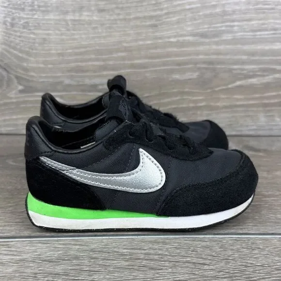 Nike Waffle Trainer 2 Toddler Boy Sz 8 Black Silver Green Low Lace Up Sneakers