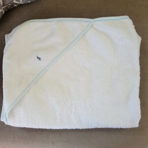 Ralph Lauren White Hooded Baby Towel with Blue Trim