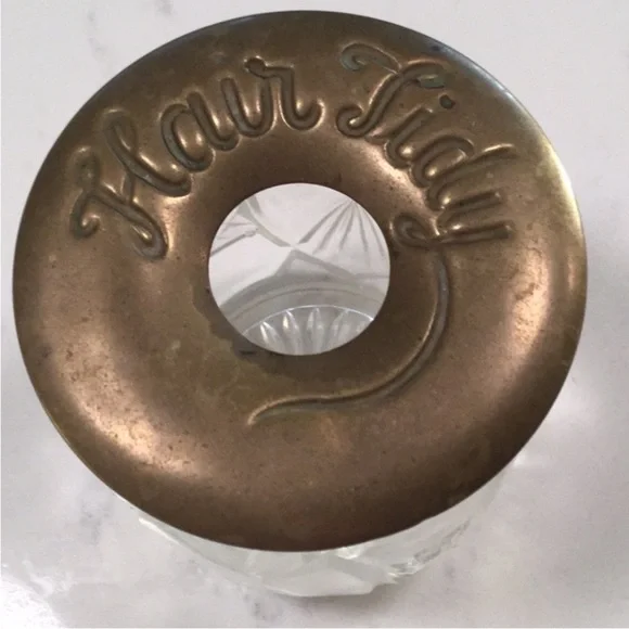 Antique Hair Tidy Brass Collar Lid + Glass Jar Etched Vintage Decor