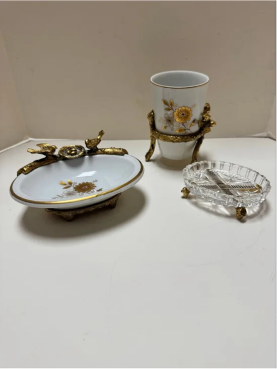 Lefton China White and Gold Bird Bath Vanity Hollywood Regency- 3 pc Set