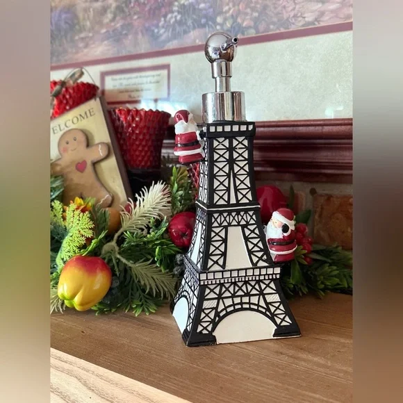 Eiffel Tower Soap Dispenser with Santa Accents - Black & White