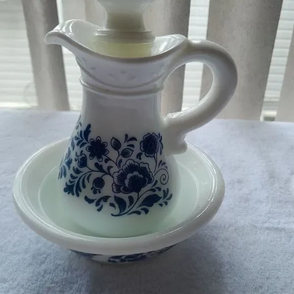 Avon Blue/White Blue Delft Like Pattern Milk Glass Pitcher with Stopper