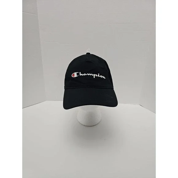 Champion Hat Cap Strap‎ Back Adjustable Spellout Script Logo Baseball Hat Black