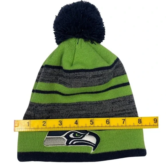 Seattle Seahawks Knit Pom Beanie Green Gray Striped‎ NFL Logo Cuff Winter Hat
