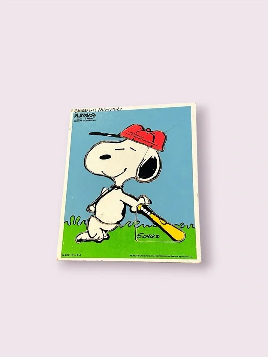 Vintage Playskool Schulz Peanuts Snoopy Baseball Wood Cardboard Puzzle
