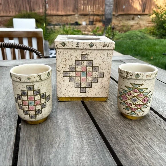 Vohann of California Arizona Aztec Ceramic Tissue Holder and Tumblers Set