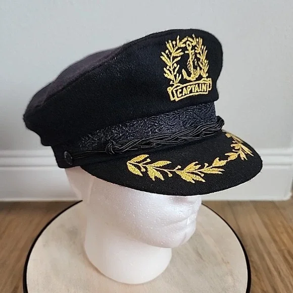 Vintage‎ RARE Aegean Greek Fishermans Captain Cap Black Wool Greece Costume Prop