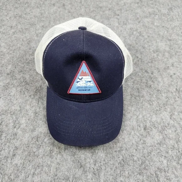 Eddie Bauer Workwear Trucker Hat Men Navy Blue Mesh Snapback Mountain Patch Cap