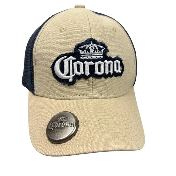 Corona Beer Stylish Hat Tan Navy Mesh Snapback Cap Metal Logo Bottle Opener OSFM
