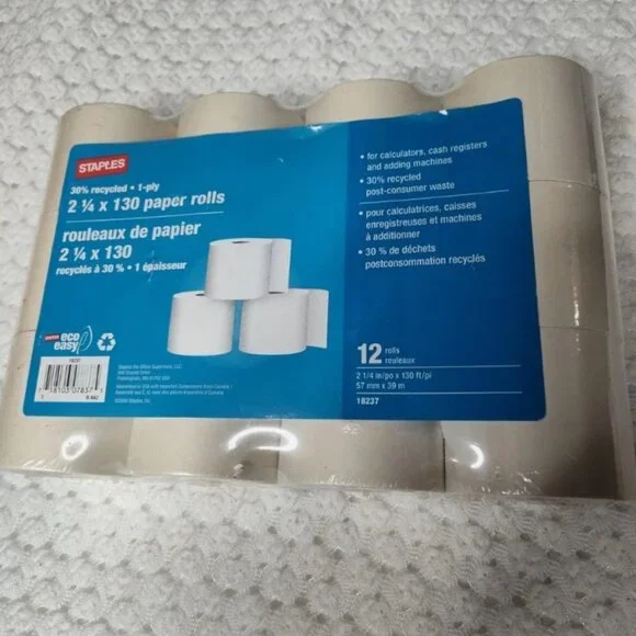 Staples 30% Recycled 1-ply Paper Rolls 2 1/4 in x 130 ft. 12 rolls