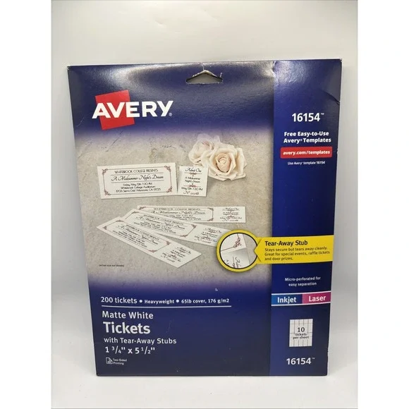 New In Package Avery 16154 Blank Printable Matte White Tickets 200 Pack