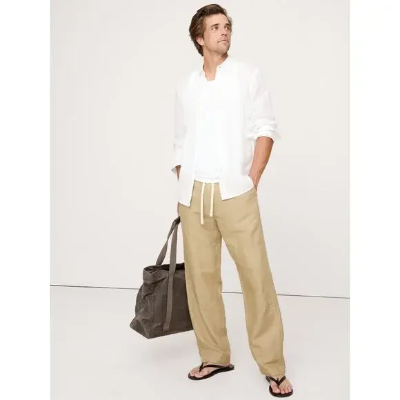 NWT Banana Republic Men's Linen-Cotton Pull-On Pant in Khaki Beige size XL
