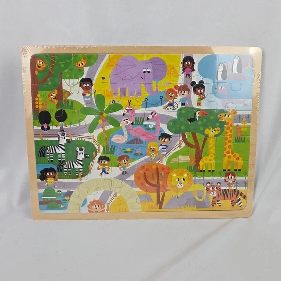 Lot 2 New Sealed 36 piece Puzzles w/ Wooden Tray Frame Zoo and Alphabet - Age 3+