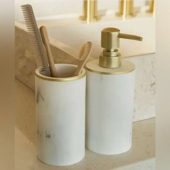 NEW Sunday Citizen Soap Dispenser and Toothbrush Holder Faux Marble gold accents