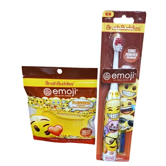 Brush Buddies Emoji Sonic Toothbrush Battery Powered + 36 Flossers Kids Set New
