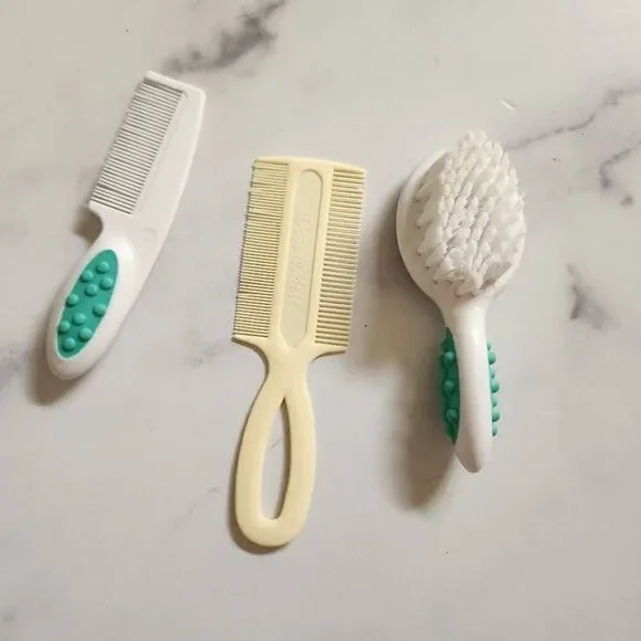 Set of three soft bristle hard comb baby unisex brushes cream vintage double-sid