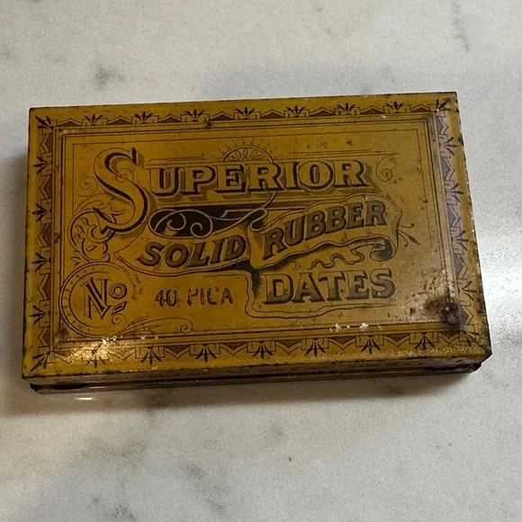 Antique 1910 Superior Solid Rubber Dates Stamp Set Box 40 Pica – Office Tool USA