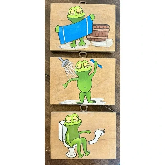 Vintage Frog Bathroom Wall Art Set Wood Hand Painted Bath Decor 3pc