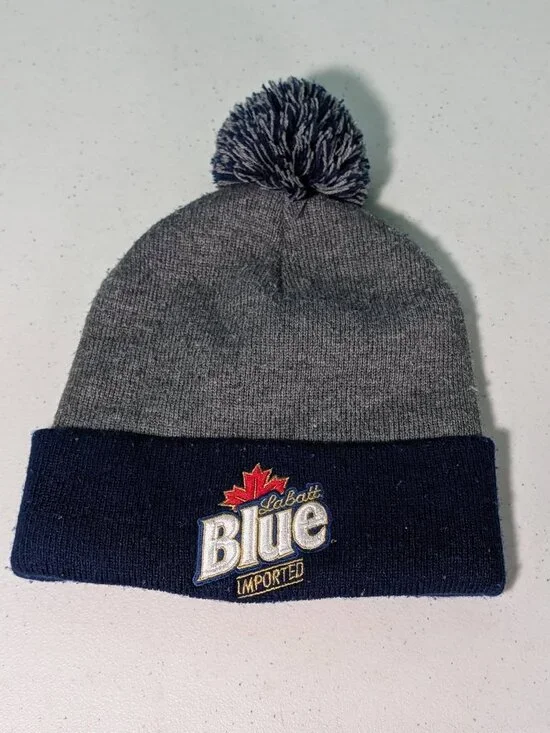 Labatt Blue Imported Beer Pom Pom Beanie Stocking Cap Blue & Gray