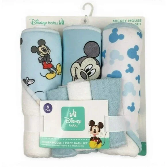 Disney Mickey Mouse Set Hooded Bath Towels and Washcloths Infant Blue White NWT
