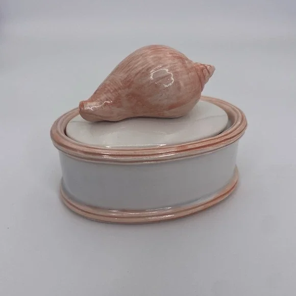 Vintage Ceramic Seashell Trinket Box Oval Coastal Grandma Decor Peach White