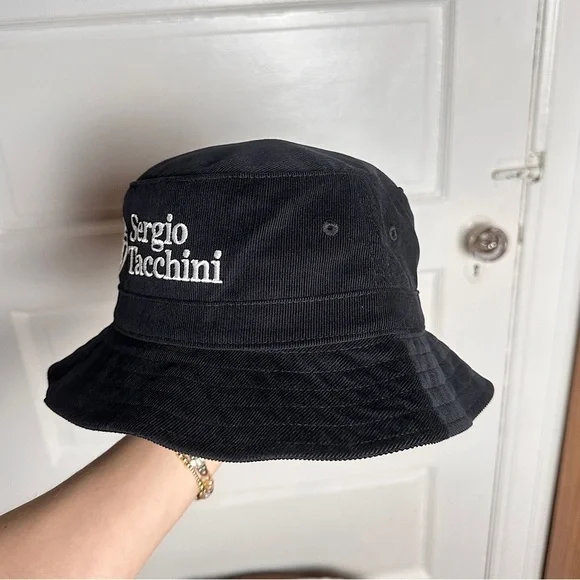 Sergio Tacchini Bucket Hat Embroidered ST Logo Black Corduroy Retro Festival NWT