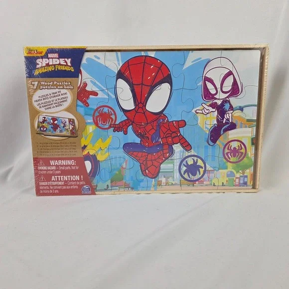 New Sealed Disney Jr Marvel‎ Spidey And Amazing Friends 7 Wood Puzzle Set