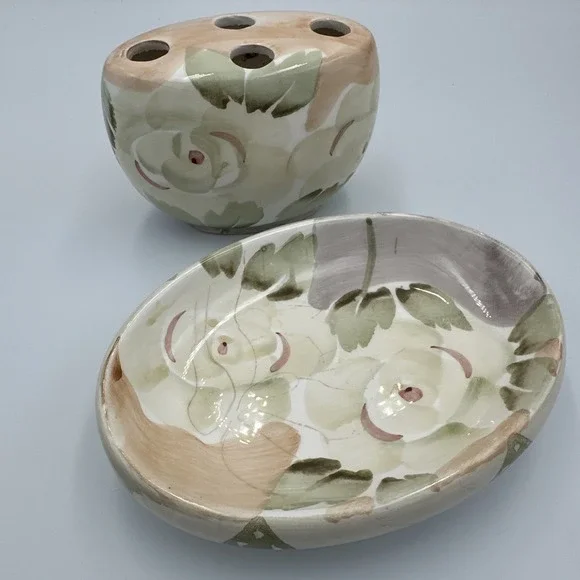 Vintage 90s Floral‎ Ceramic Toothbrush Holder Soap Dish Set Botanical Peach Sage