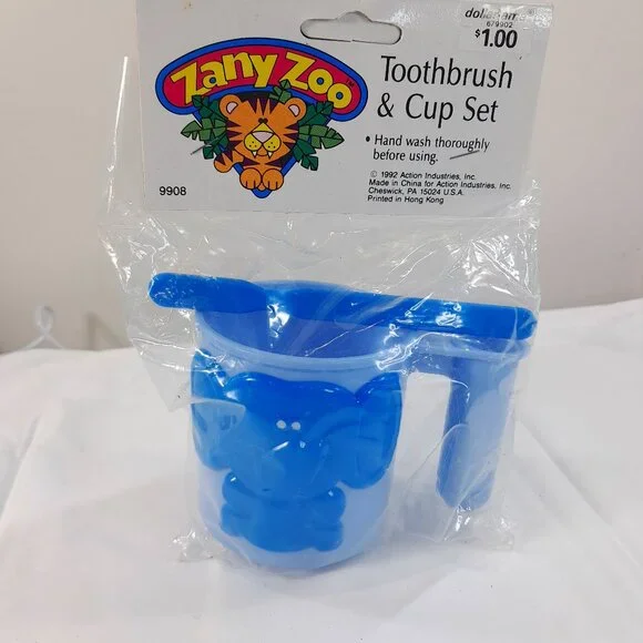 New Zany Zoo Toothbrush‎ & cup set kids toddler blue elephant 80s 90s Hong Kong