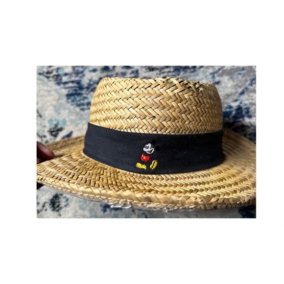 Disney Parks Mickey Mouse Natural Straw Fedora Hat Adult Tan Black RN 129855