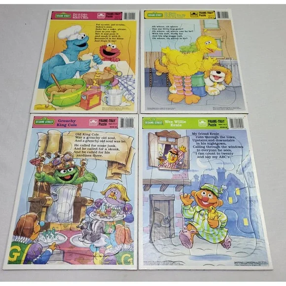 Golden Sesame Street Frame-Tray Puzzles Kids 4pk Multicolor Vintage 1989 93