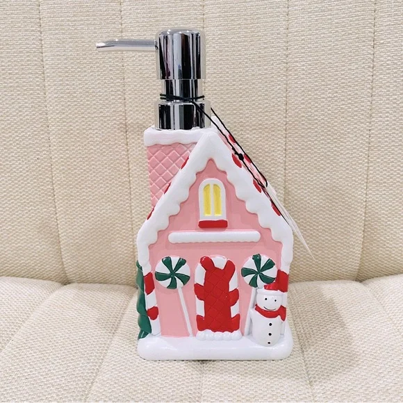 NEW Pink Gingerbread House Soap Dispenser Christmas Snowman Peppermint Decor