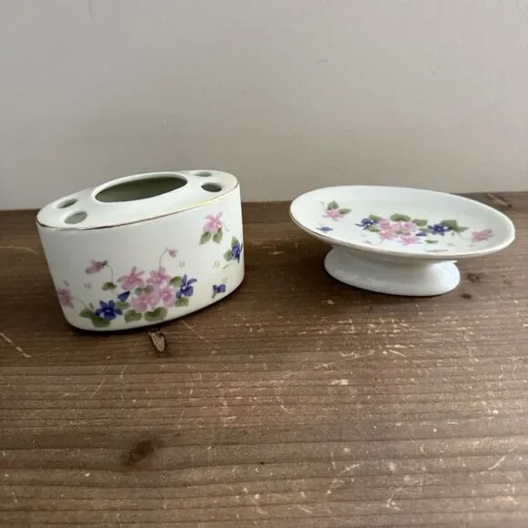Vintage Pedestal Soap Dish And Matching Toothbrush Holder Set Floral Cottagecore