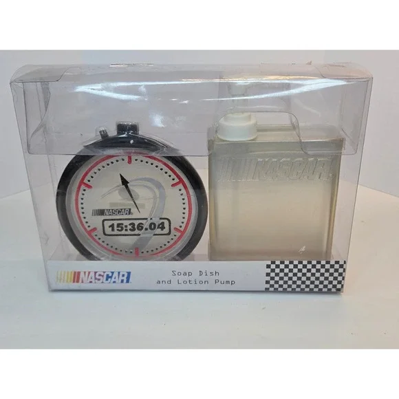 Vintage NASCAR Themed Soap Dish & Lotion Pump Set With Race Clock Design New