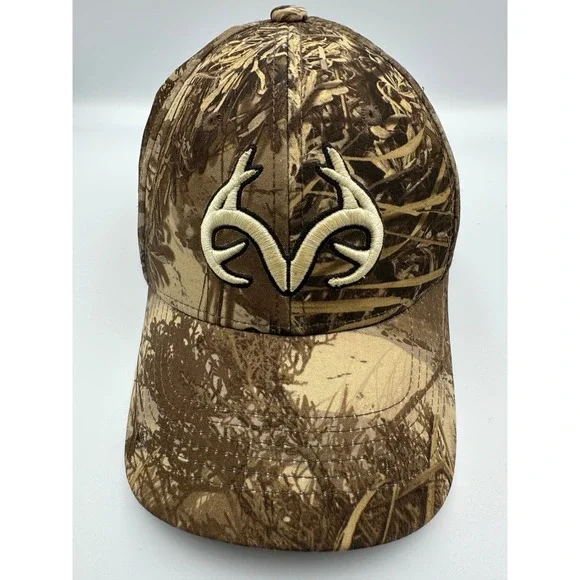 Realtree Deer Antlers Logo Hat Camo Tan Embroidered Adjustable Strap Cap Hunting