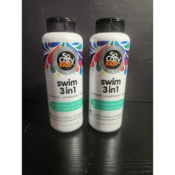 2 Pack SoCozy Kids Swim 3-in-1 Shampoo Conditioner Body Wash Charcoal 10.5oz