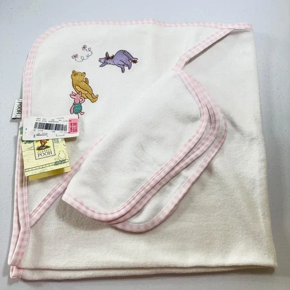 VTG Disney Classic Winnie the Pooh‎ Terry Hooded BabyTowel Washcloth Set Gingham