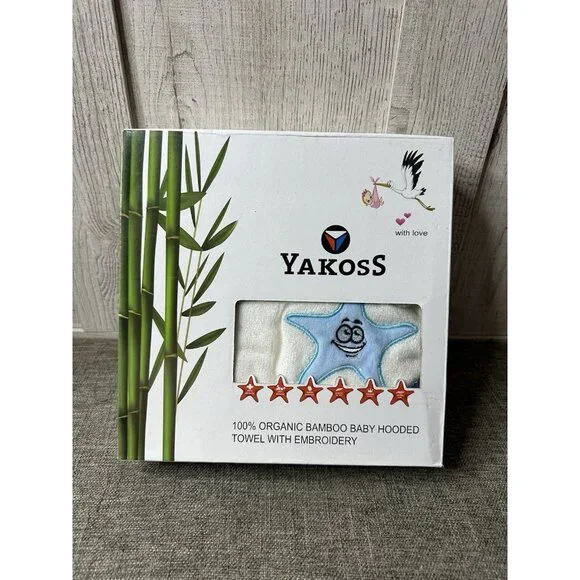 Yakoss Organic Bamboo White Baby Hooded Bath Swim Towel w/ Embroidered Blue Star