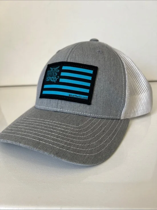 WTF What The Fin? Grey & Blue Patch Trucker Hat