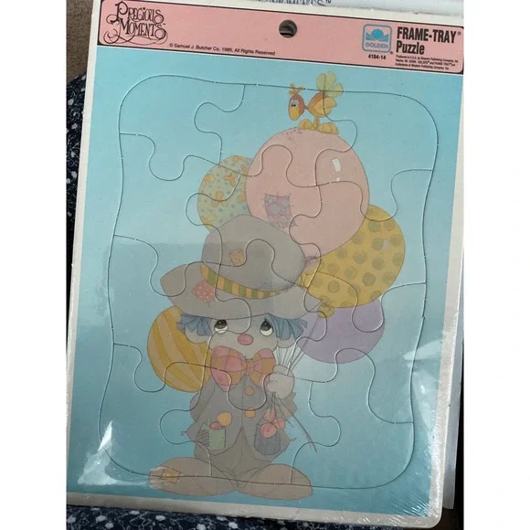 Vintage 1989 Precious Moments Clown Balloons FrameTray Puzzle Golden 4184-14 new