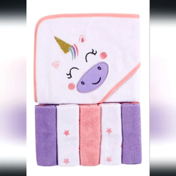 NWT Luvable Friends Baby Girl Hooded Towel with Five Washcloths, Unicorn