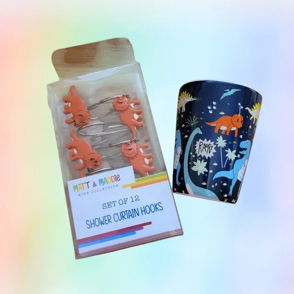 NWT Matt & Maddie Dinosaur 12 Shower Curtain Hooks & Toothbrush Holder Resin T05