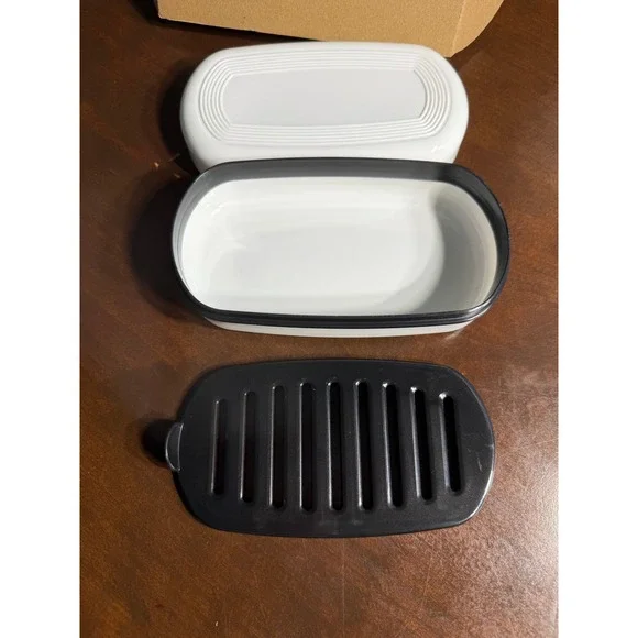 Modern White and Black Oval Soap Dish with Drainage Tray and Lid Minimalist Set