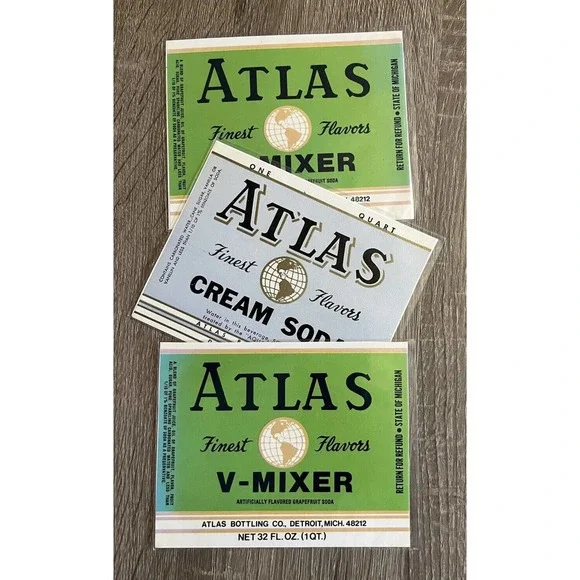 Atlas Bottling V-Mixer & Cream Soda Pop Old Soda Bottle Labels Detroit Michigan