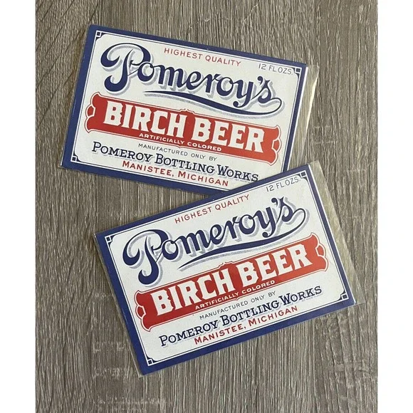 Vintage Pomeroy's Birch Beer Bottle Labels (2) Bottling Works Manistee Michigan
